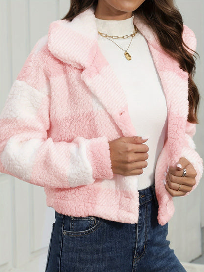 Manteau en peluche à carreaux pour femme – Vêtement d'extérieur chaud à carreaux pour l'automne/hiver avec boutons