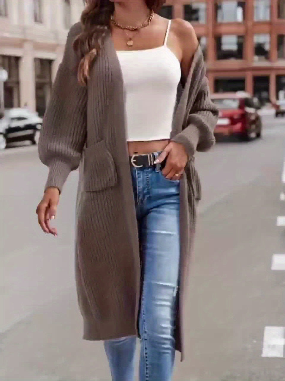 Elegant Deep V-Neck Ribbed Cardigan – Women’s Fall/Winter Knit Sweater