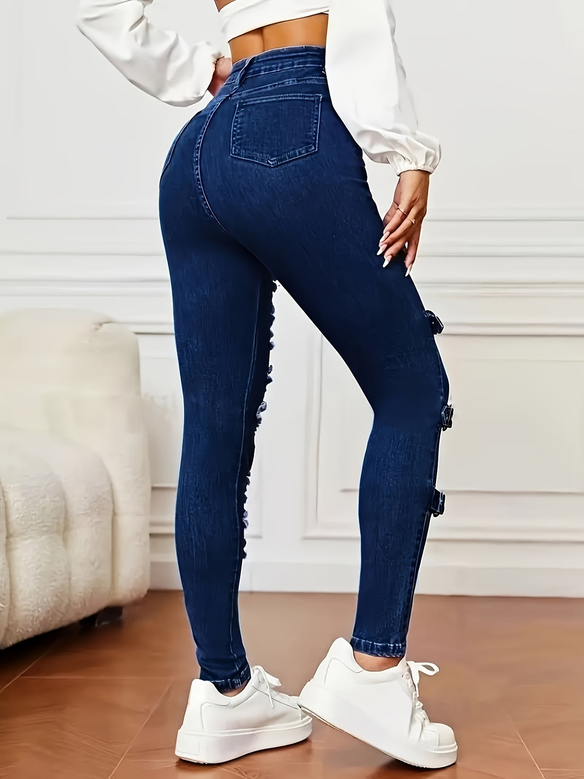 Jean skinny déchiré – Denim bleu foncé très extensible