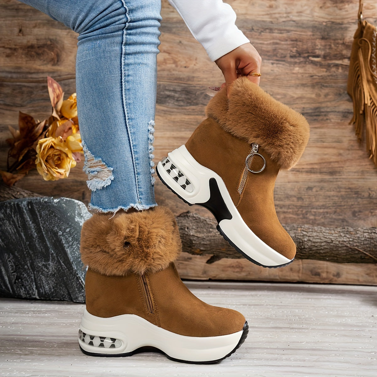 Bottines compensées pour femme – Chaussures d'hiver zippées à doublure en peluche