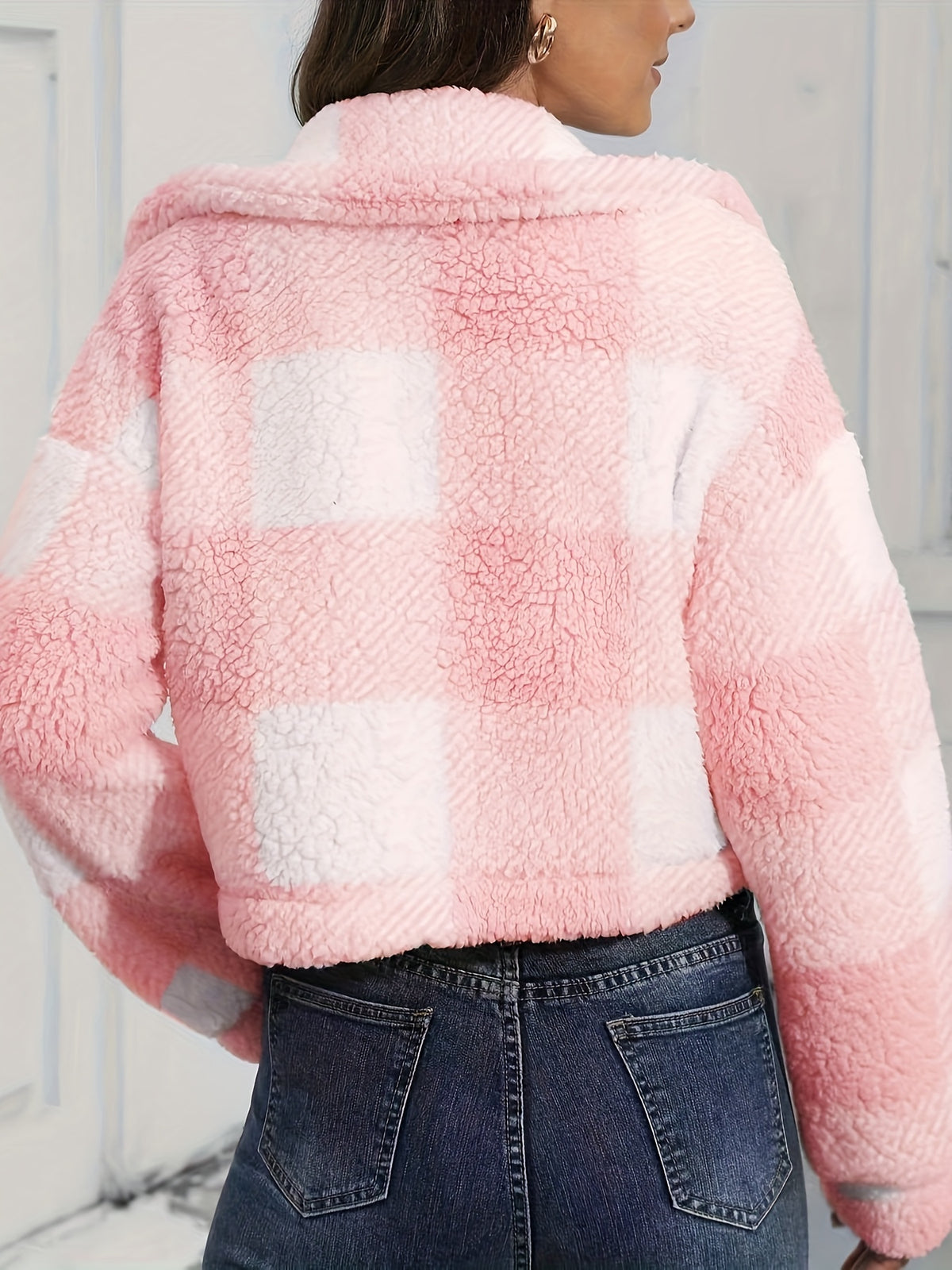 Manteau en peluche à carreaux pour femme – Vêtement d'extérieur chaud à carreaux pour l'automne/hiver avec boutons