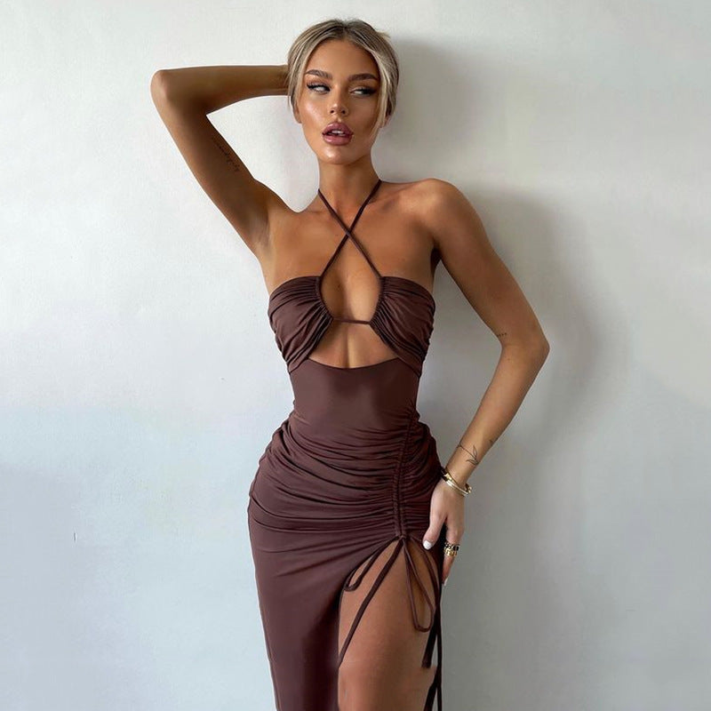 Vestido maxi dividido con cordones y cuello halter – Vestido de fiesta de verano Y2K sin espalda