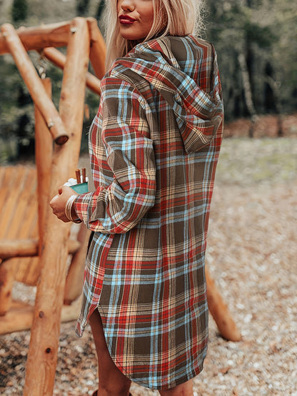 Sweat-shirt à capuche rétro à carreaux pour femme – Pull d'automne long boutonné