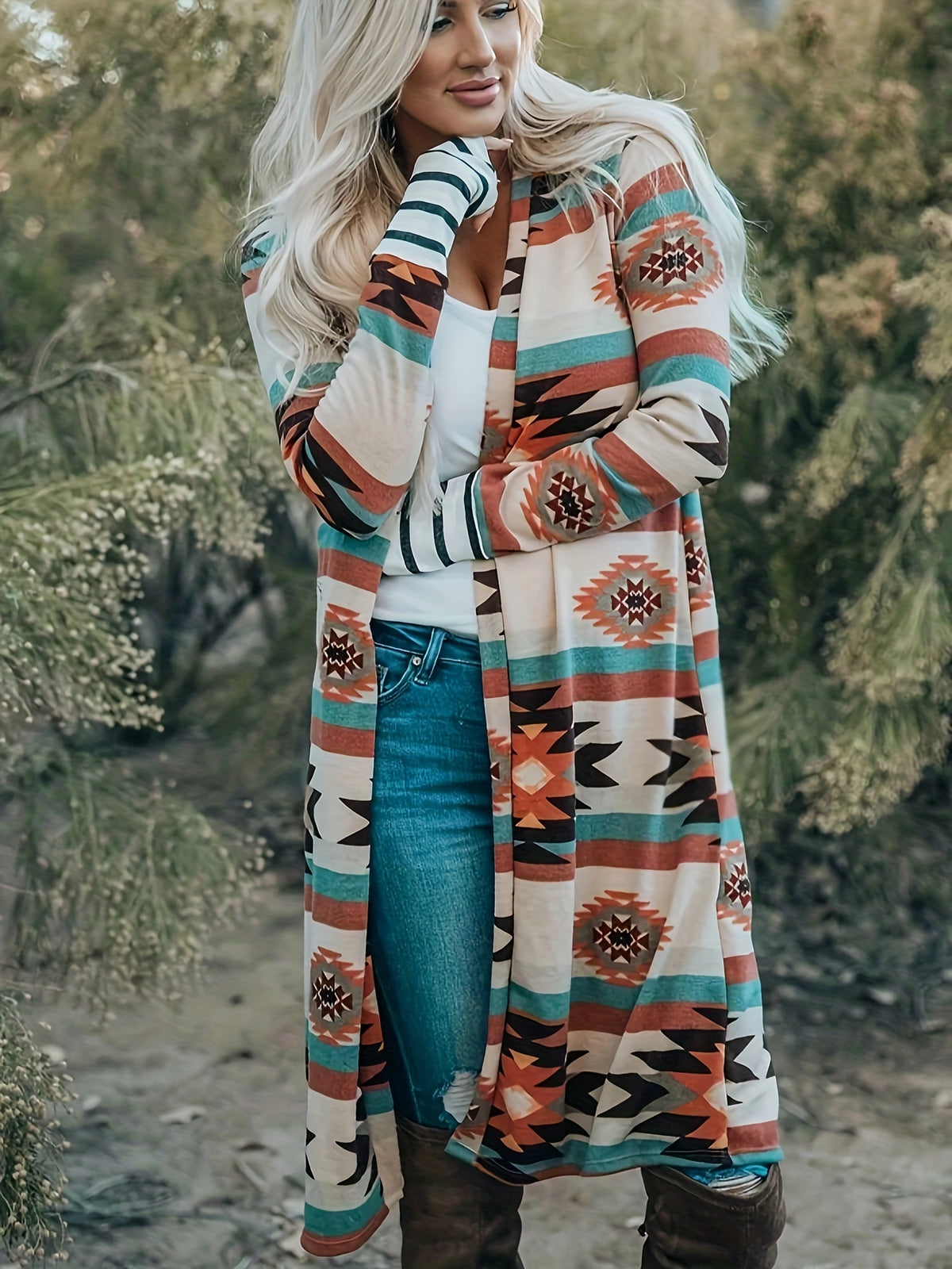 Southwestern Aztec Print Cardigan – Women’s Turquoise & Red Knit Jacket