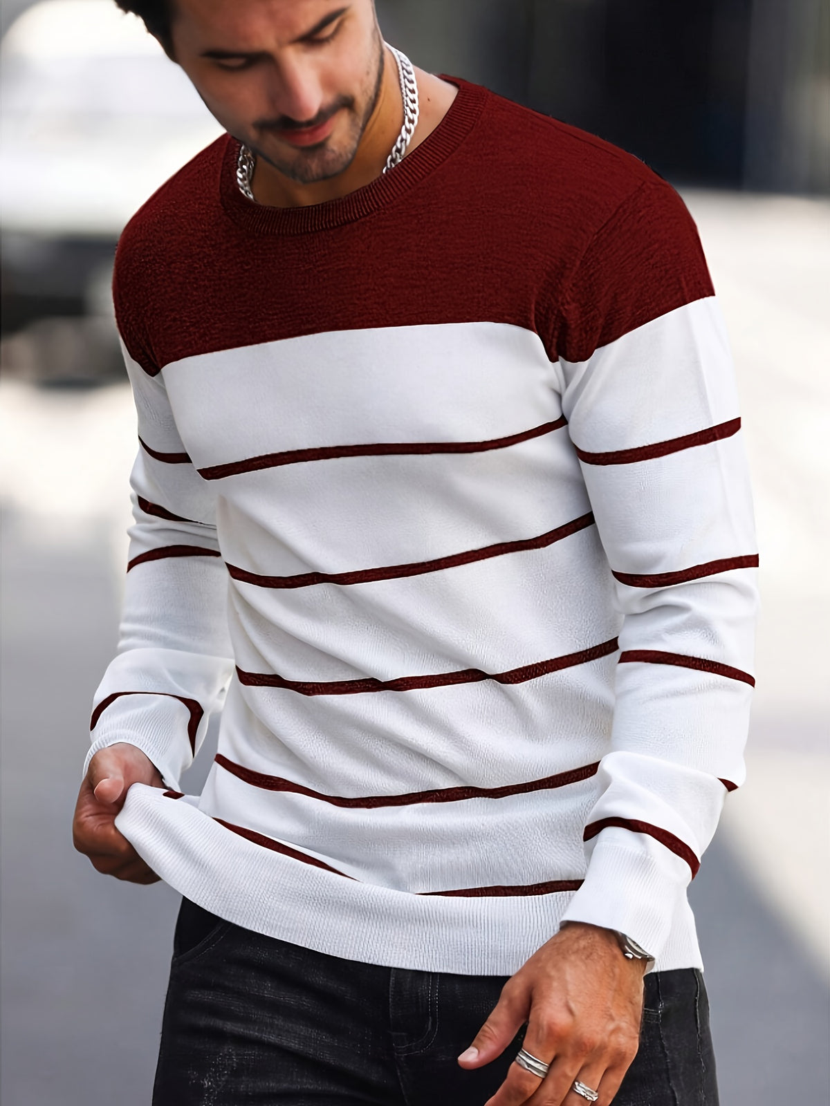 Men’s Navy Striped Knit Sweater – Casual Crew Neck Pullover
