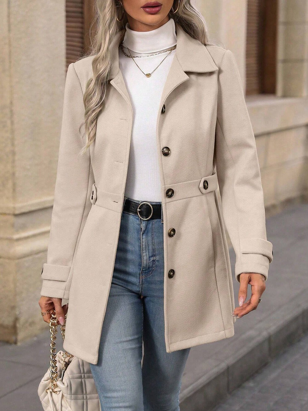 Manteau élégant en laine Loom & Soul™ – Veste mi-longue à revers et simple boutonnage pour femme, pour un style hivernal sans effort