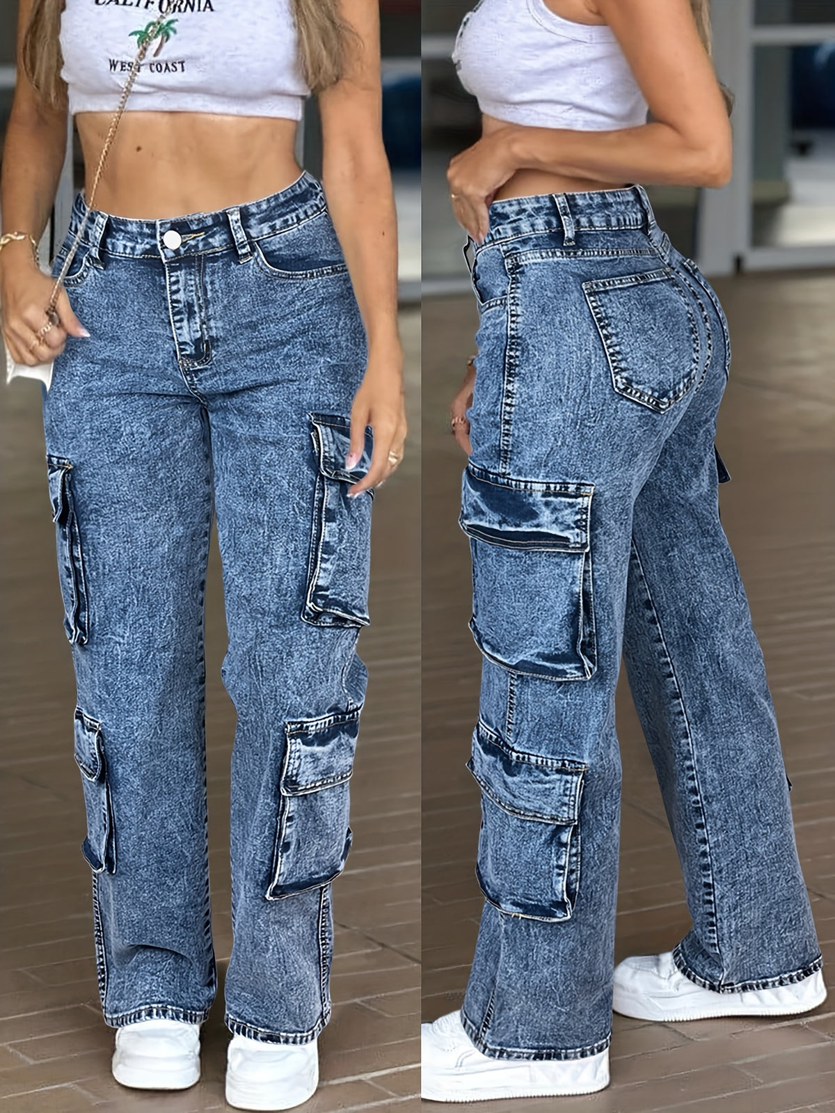 Jean cargo taille haute pour femme – Pantalon en jean multipoches style workwear