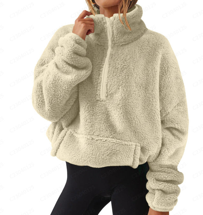 Pull en velours polaire demi-zip pour femme – Col montant, chandail d'hiver