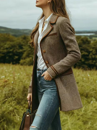 Manteau à chevrons marron – Veste élégante mi-longue ceinturée