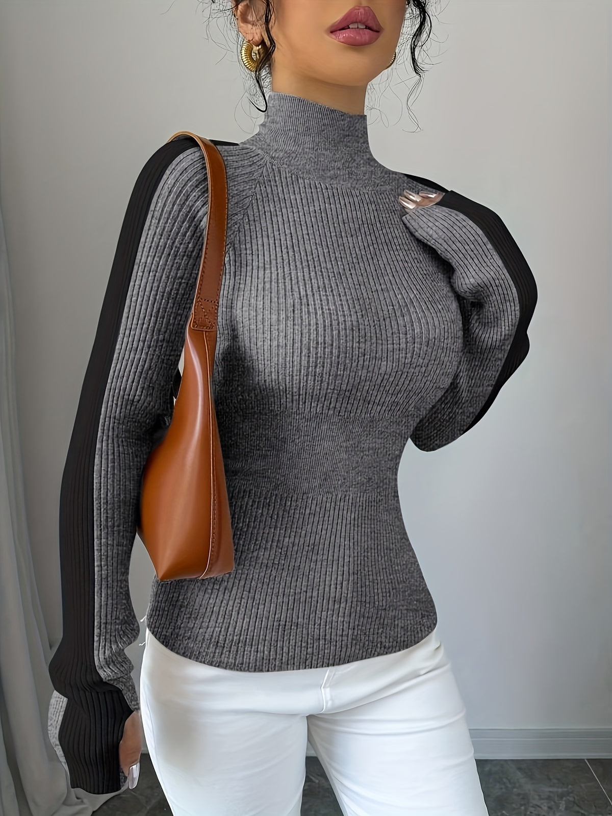 Women’s Color Block Turtleneck Sweater – Elegant Soft Knit Top