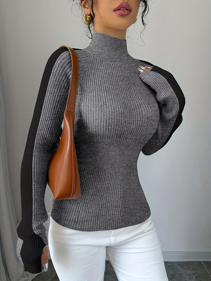 Women’s Color Block Turtleneck Sweater – Elegant Soft Knit Top