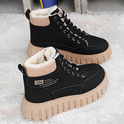 Women’s Fleece-Lined High-Top Ankle Boots – Thick Sole Casual Winter Shoes