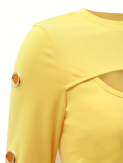 Haut noir élégant à manches longues – T-shirt col rond boutonné doré