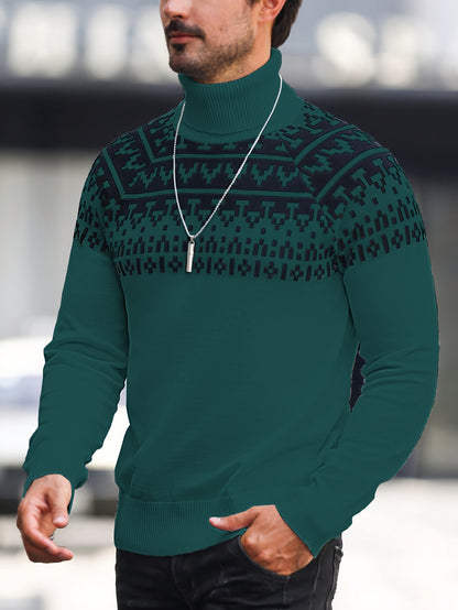 Men’s Geometric Turtleneck Sweater – Casual Knit Pullover for Fall & Winter