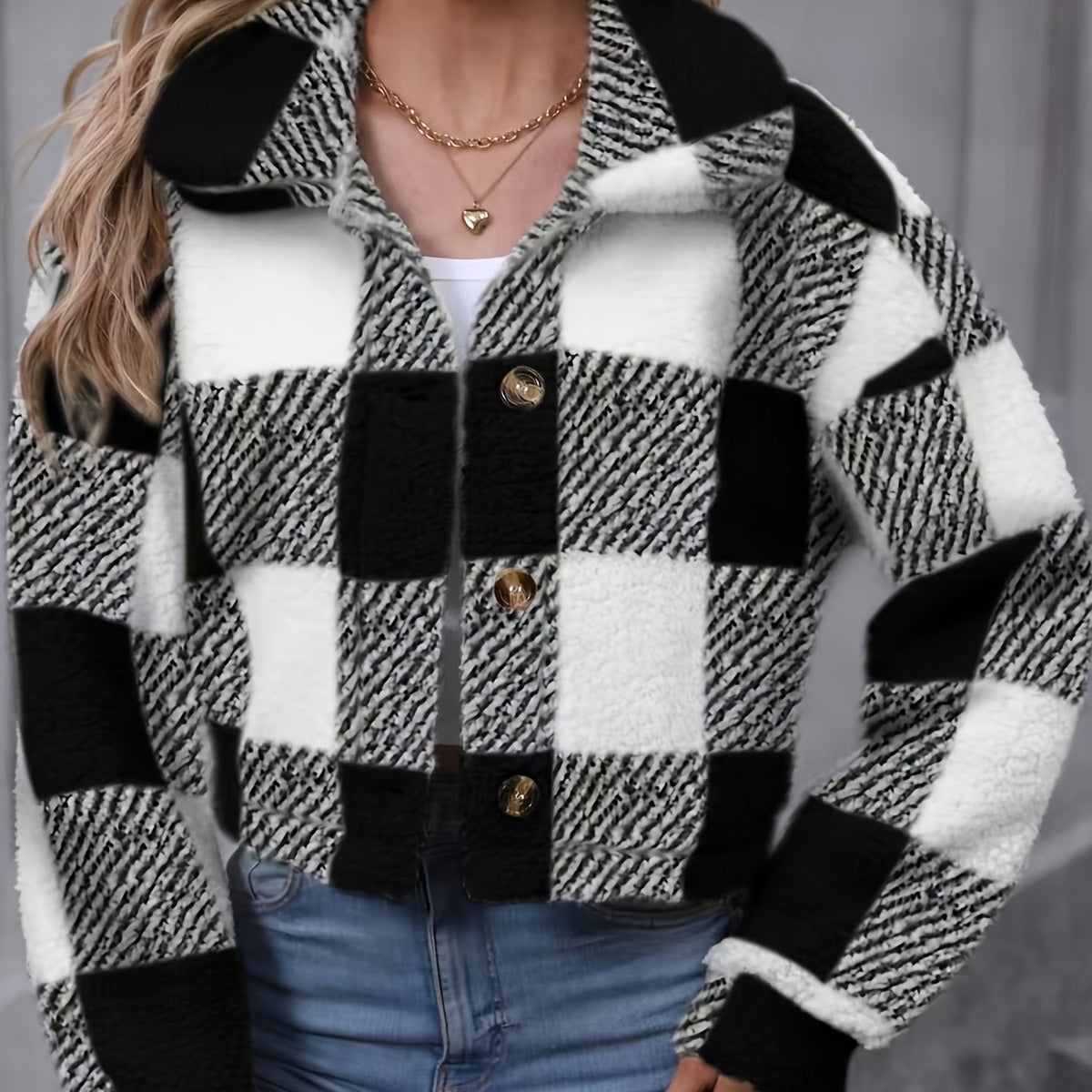 Manteau en peluche à carreaux pour femme – Vêtement d'extérieur chaud à carreaux pour l'automne/hiver avec boutons