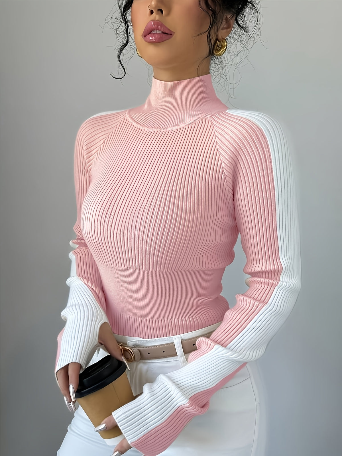 Women’s Color Block Turtleneck Sweater – Elegant Soft Knit Top