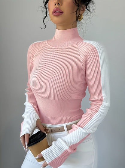Women’s Color Block Turtleneck Sweater – Elegant Soft Knit Top