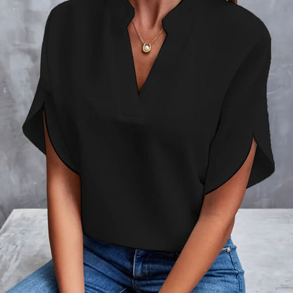 Loom & Soul™ V-Neck Chiffon Blouse – Women’s Elegant Short-Sleeve Summer Top