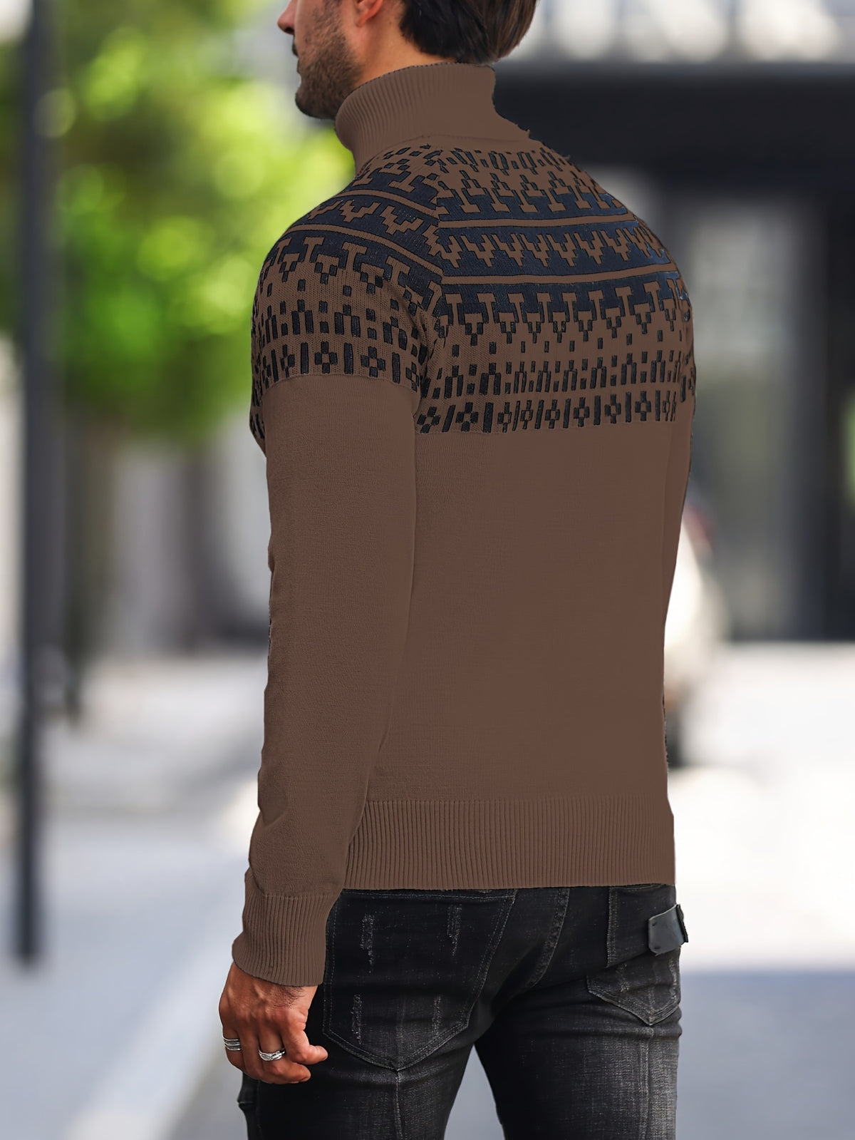 Men’s Geometric Turtleneck Sweater – Casual Knit Pullover for Fall & Winter