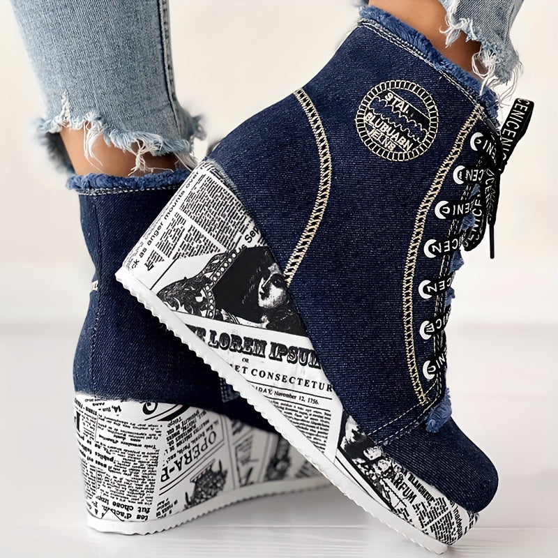 Bottines à talons épais scintillantes pour femmes – Bottines à lacets avec cœur en dentelle