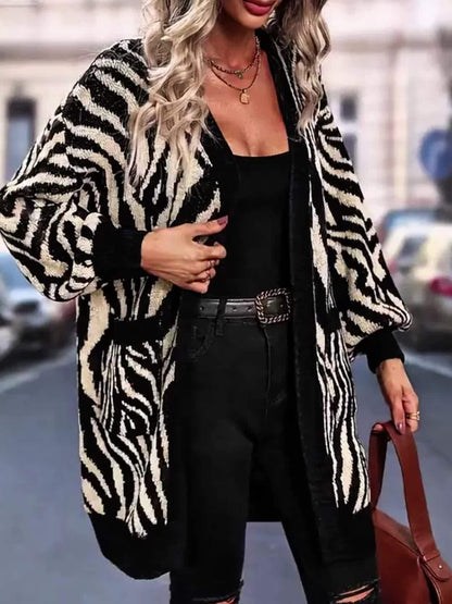 Elegant Leopard Print Cardigan – Open Front Knit with Pockets