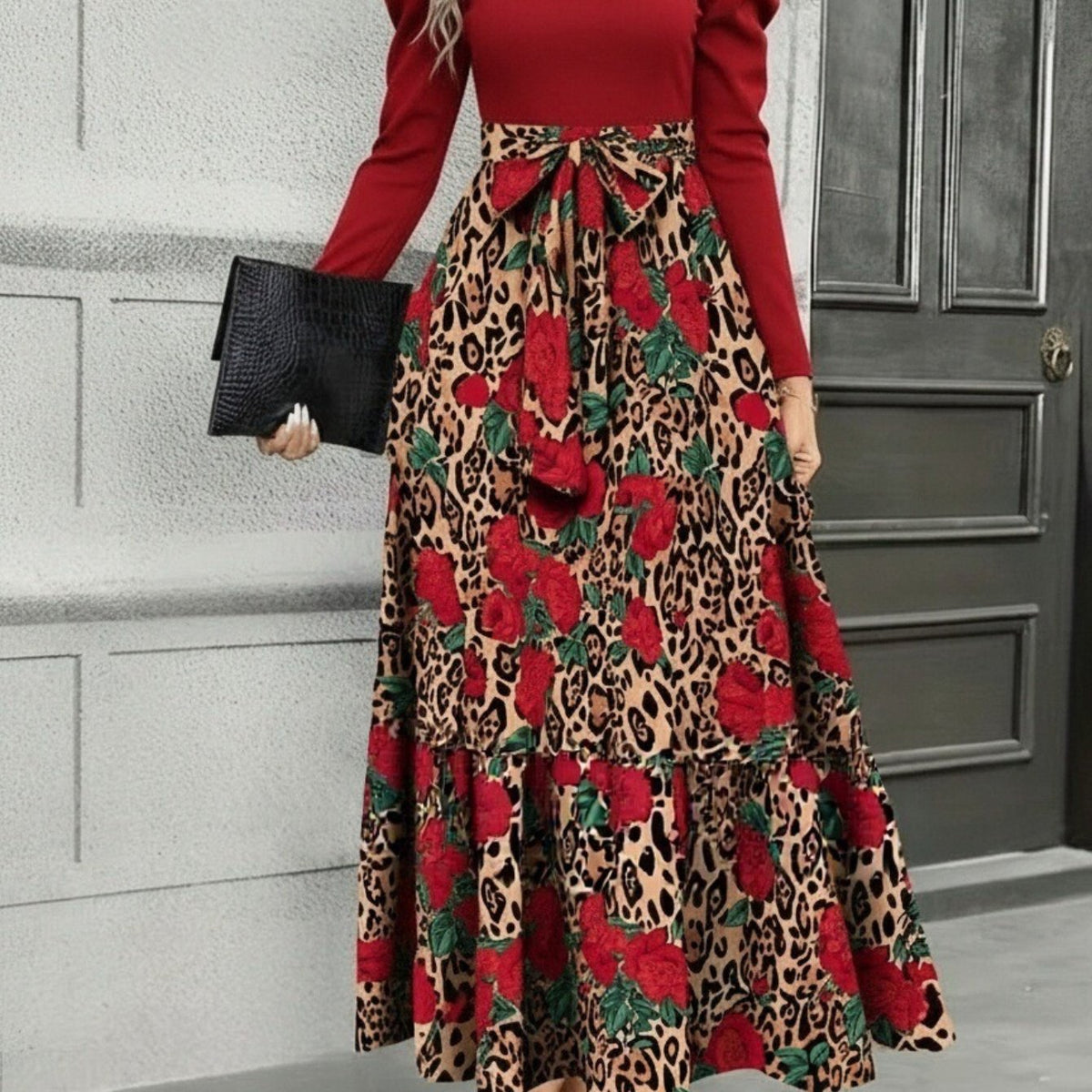 Leopard Print Patchwork Tie-Waist Dress – Elegant Long Sleeve Fitted Dress
