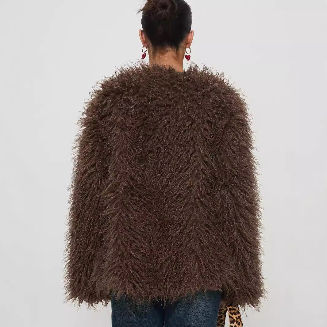 Veste en fausse fourrure pour femme avec surpiqûres en cuir – Manteau style urbain