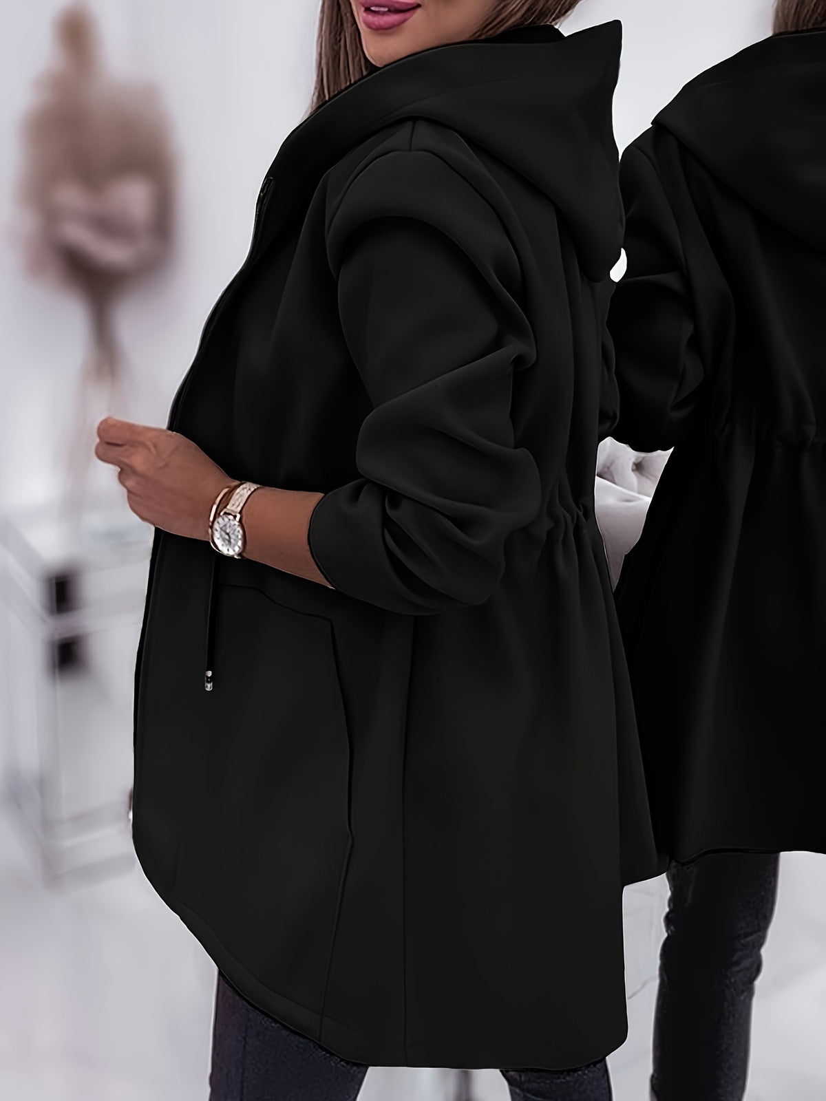 Women’s Solid Hooded Jacket – Machine-Washable Polyester Fall/Winter Coat