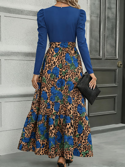 Leopard Print Patchwork Tie-Waist Dress – Elegant Long Sleeve Fitted Dress