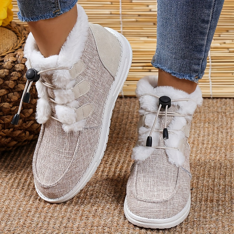 Women’s Faux Fur Slip-On Shoes – Cozy Winter Warm Beige Drawstring Loafers