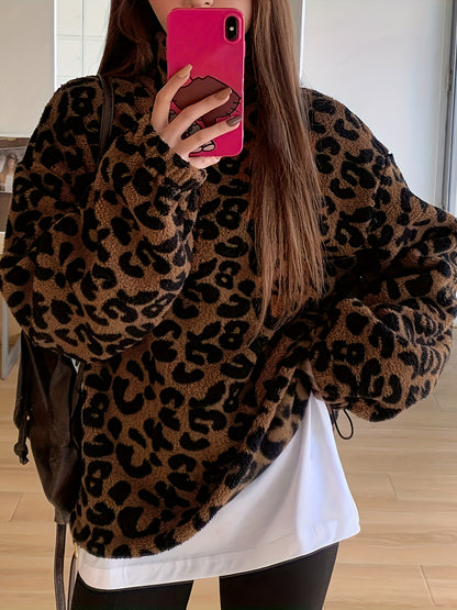 Sweat à Capuche Élégnant en Peluche Imprimé Léopard – Veste Doublée Polaire Douce à Fermeture Éclair