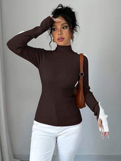 Women’s Color Block Turtleneck Sweater – Elegant Soft Knit Top