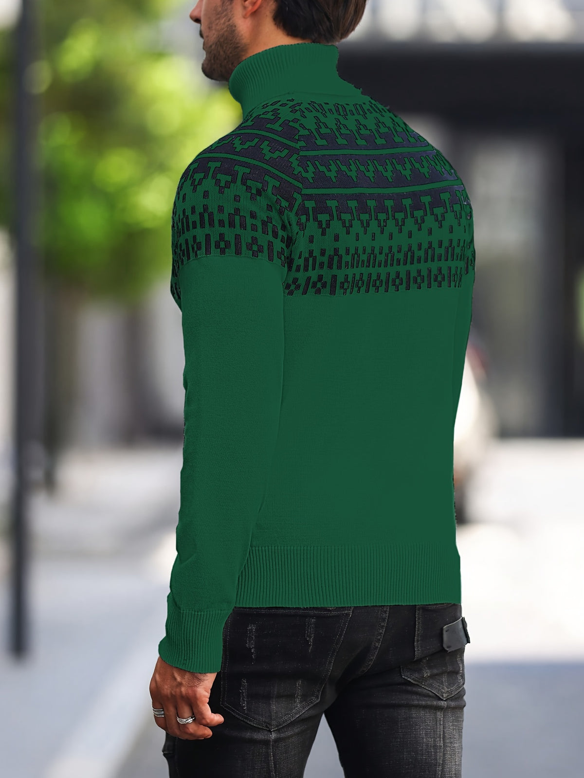 Men’s Geometric Turtleneck Sweater – Casual Knit Pullover for Fall & Winter