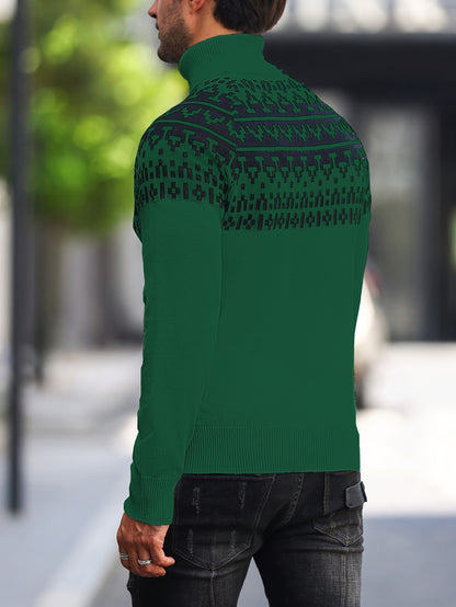 Men’s Geometric Turtleneck Sweater – Casual Knit Pullover for Fall & Winter
