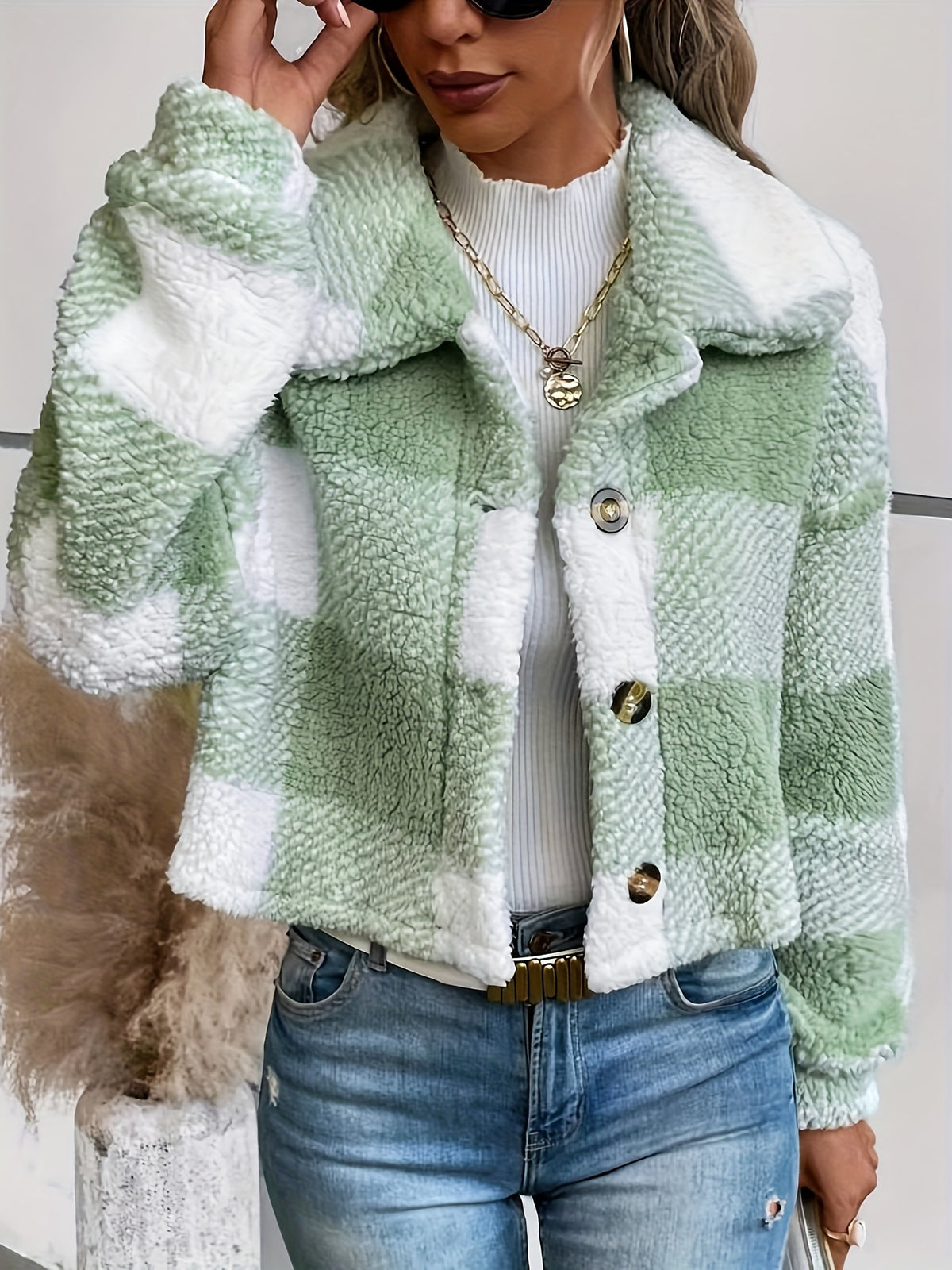 Manteau d'hiver en peluche à carreaux pour femme – Chaud, boutonné, manches longues