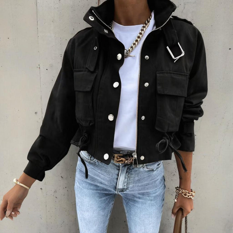Women’s Stand Collar Jacket with Button & Zipper – Casual Short Fit