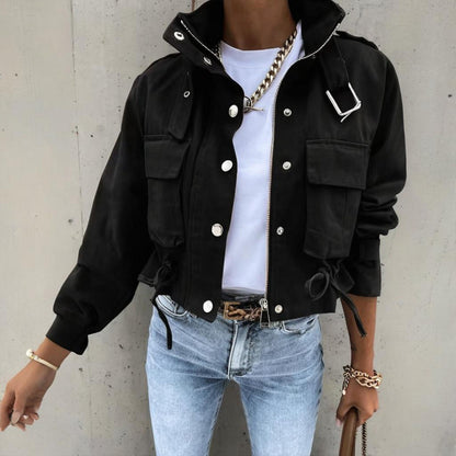 Women’s Stand Collar Jacket with Button & Zipper – Casual Short Fit