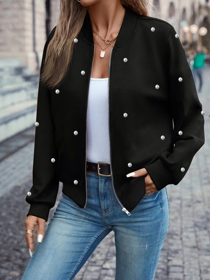 Veste de baseball ornée de perles – Vêtement d'extérieur élégant boutonné pour femme