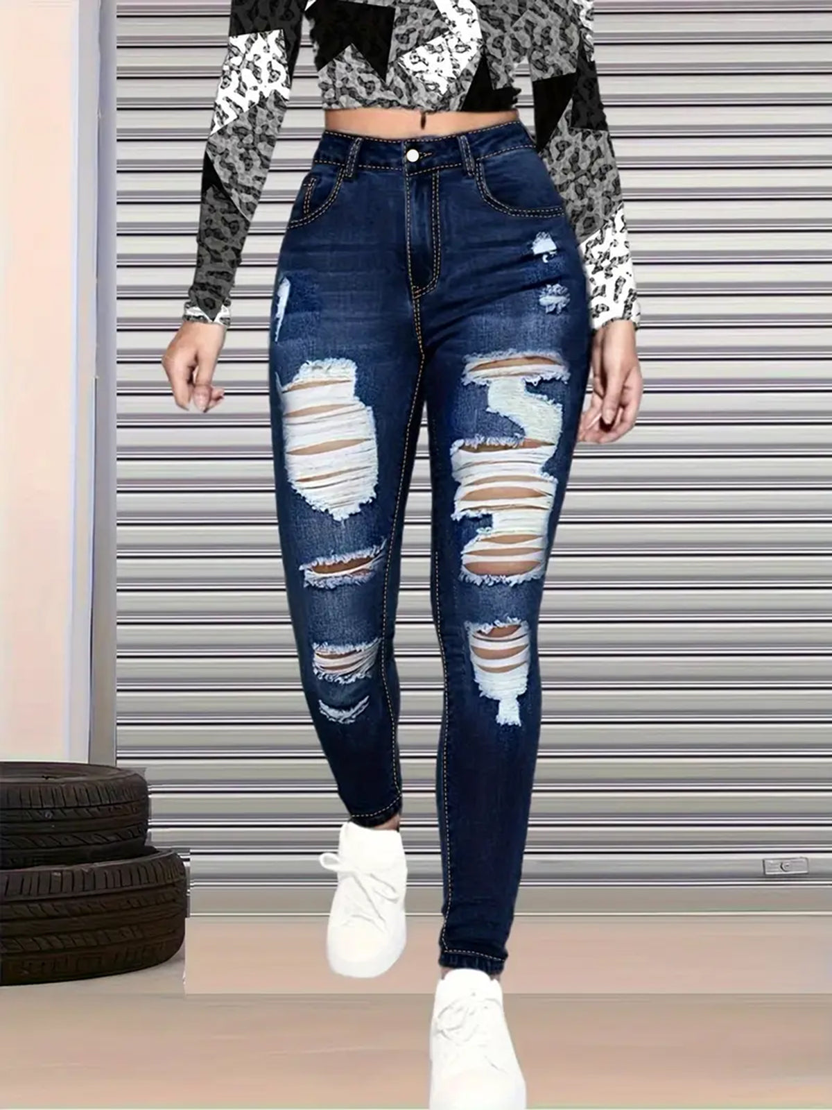 Women’s High-Waisted Ripped Jeans – Slim Fit 9/10 Length Denim