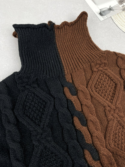 Elegant High-Neck Striped Blouse – Color-Block Knit Long Sleeve Top