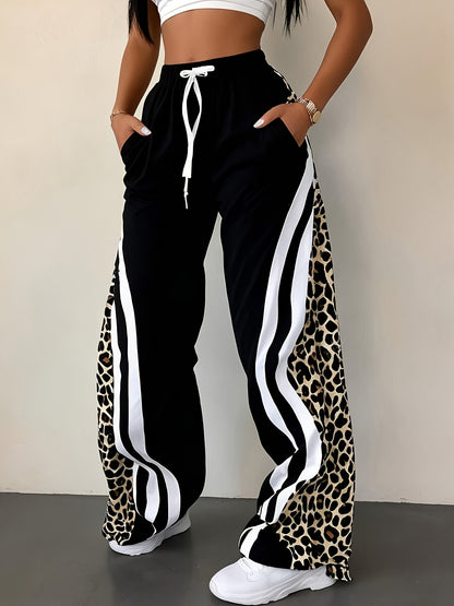 Pantalon large à imprimé léopard pour femme – Pantalon d'été décontracté avec cordon de serrage