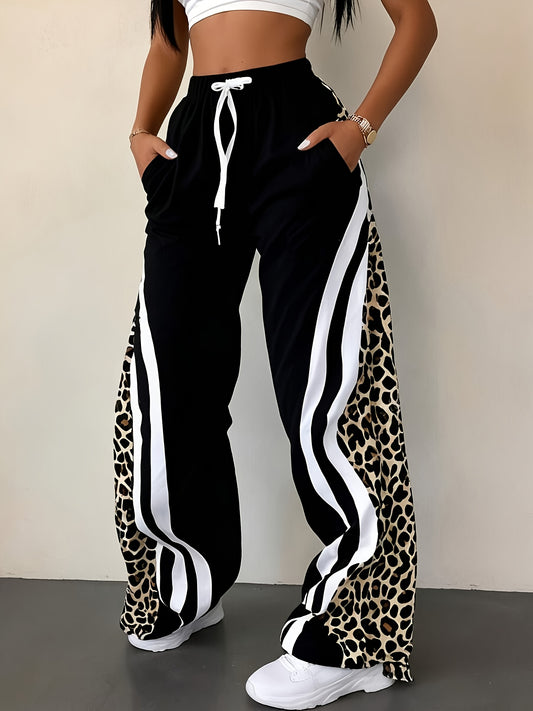 Women’s Leopard Print Wide-Leg Pants – Casual Drawstring Summer Trousers