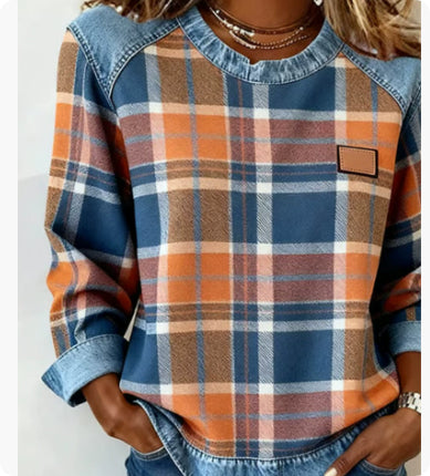 Sweat-shirt en jean patchwork pour femme – Pull ras-du-cou à motif floral