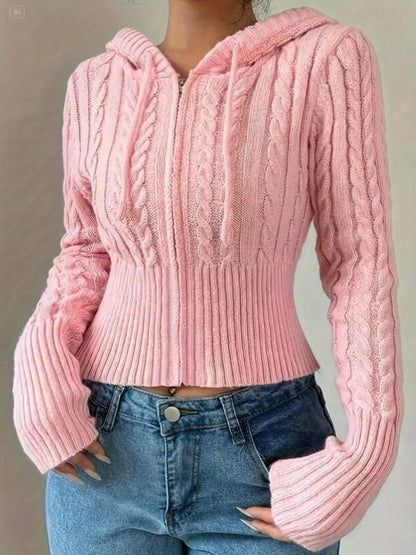 Gilet zippé à capuche élégant – Tricot torsadé, couche chaude