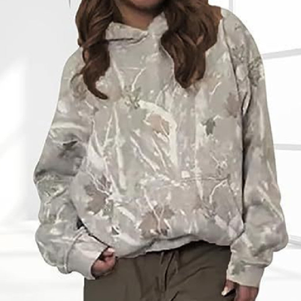 Haut à capuche floral décontracté Loom & Soul pour femmes – Pull ample avec manches lanternes, poche avant et imprimé numérique (Kaki, Gris clair)