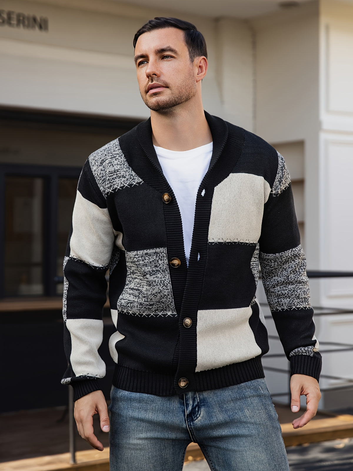 Gilet en maille à coutures contrastantes – Pull décontracté côtelé à revers