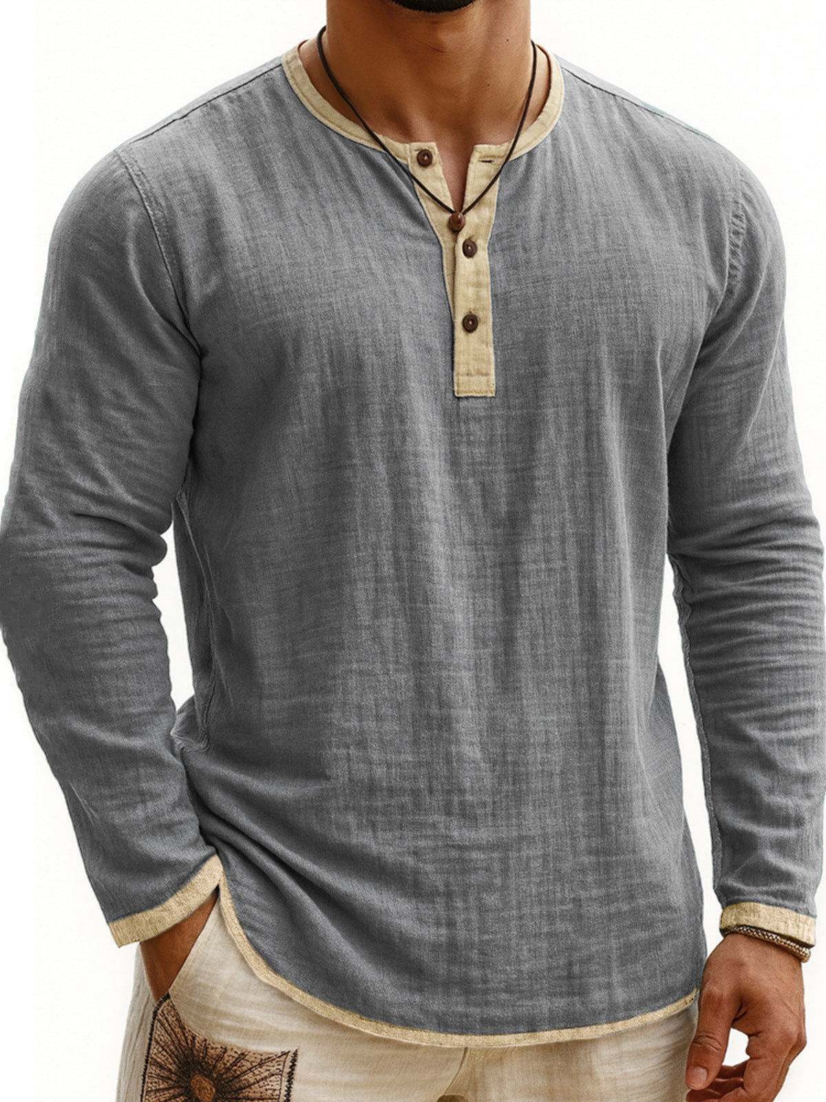 Chemise Henley Homme à Manches Longues Slim Fit à 3 Boutons et Imprimé Numérique Bicolore