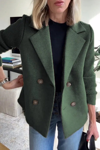 Women’s Double-Breasted Lapel Jacket – Knit Sleeve Spliced Coat