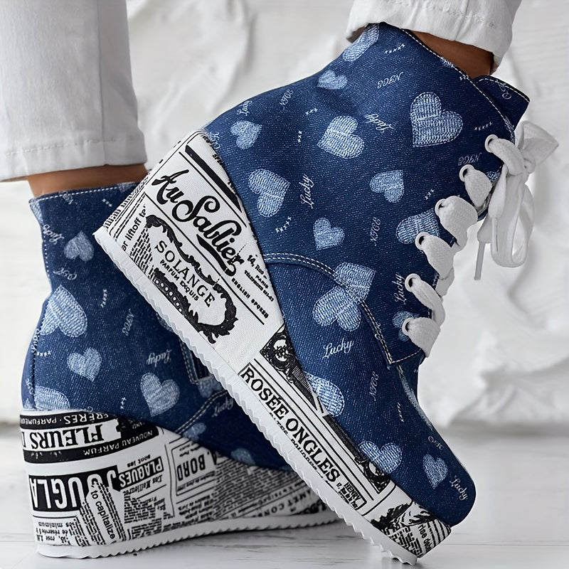 Bottines à talons épais scintillantes pour femmes – Bottines à lacets avec cœur en dentelle
