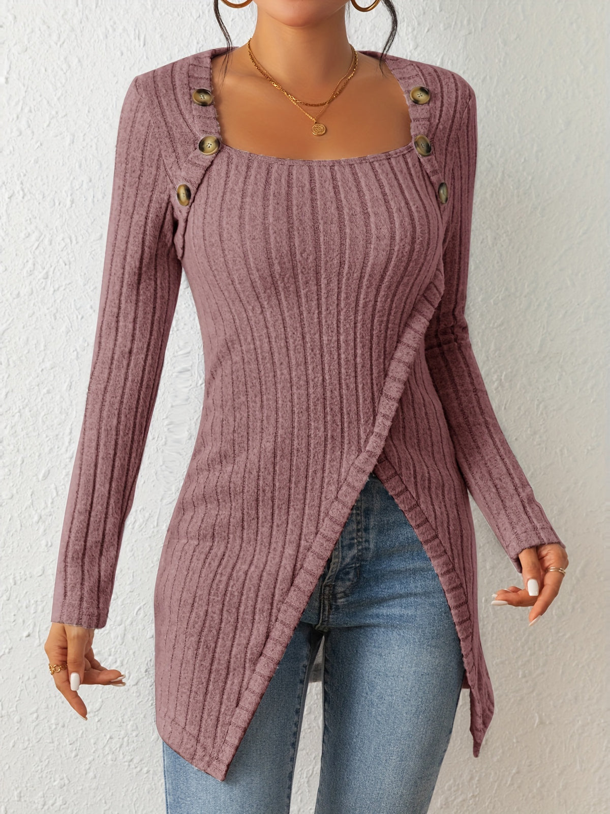 T-shirt en maille ajusté pour femme – Haut à manches longues et col carré